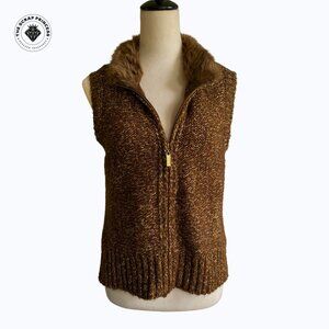 Charter Club Faux Fur Collar Sweater Vest Zipper Petite Medium Brown